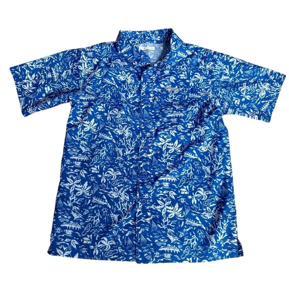 Columbia PFG Boys Shirt M 10/12 Blue White Tropical Print Button Front - Picture 1 of 4